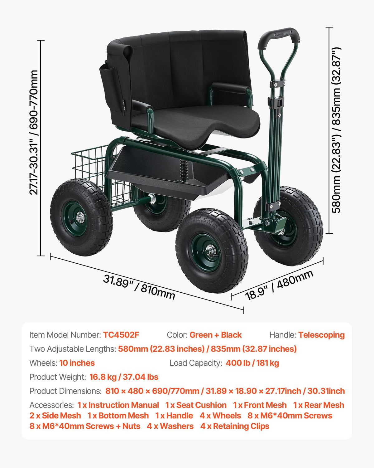 Garden Seat with Wheels Rolling Stool 360° Swivel Backrest 181kg