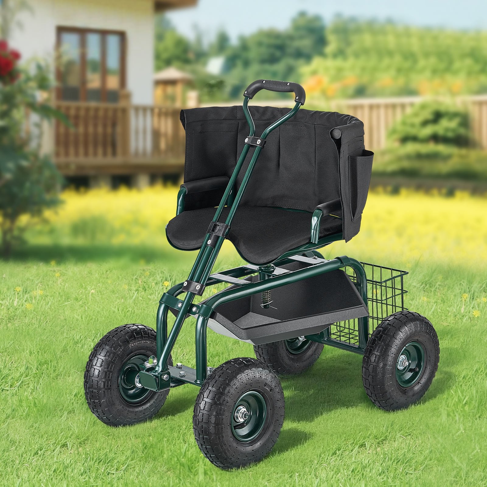 Garden Seat with Wheels Rolling Stool 360° Swivel Backrest 181kg