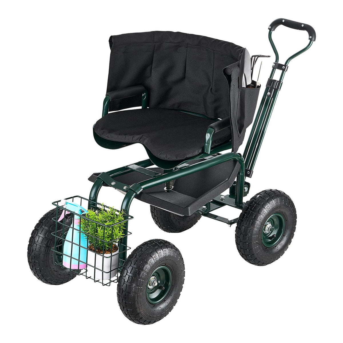 Garden Seat with Wheels Rolling Stool 360° Swivel Backrest 181kg