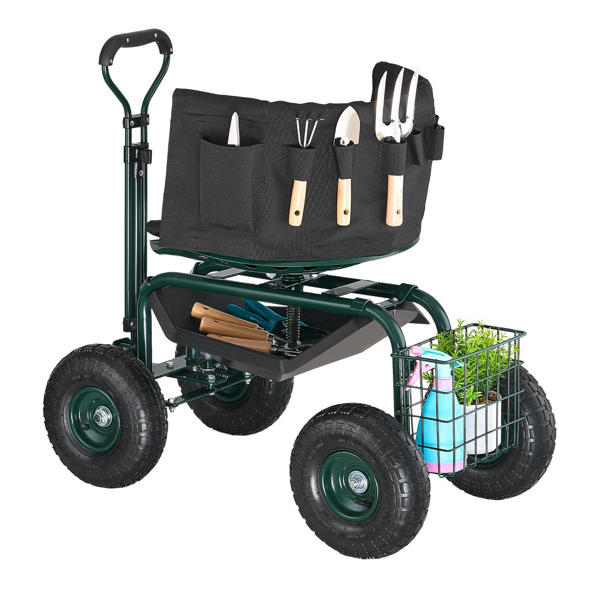 Garden Seat with Wheels Rolling Stool 360° Swivel Backrest 181kg