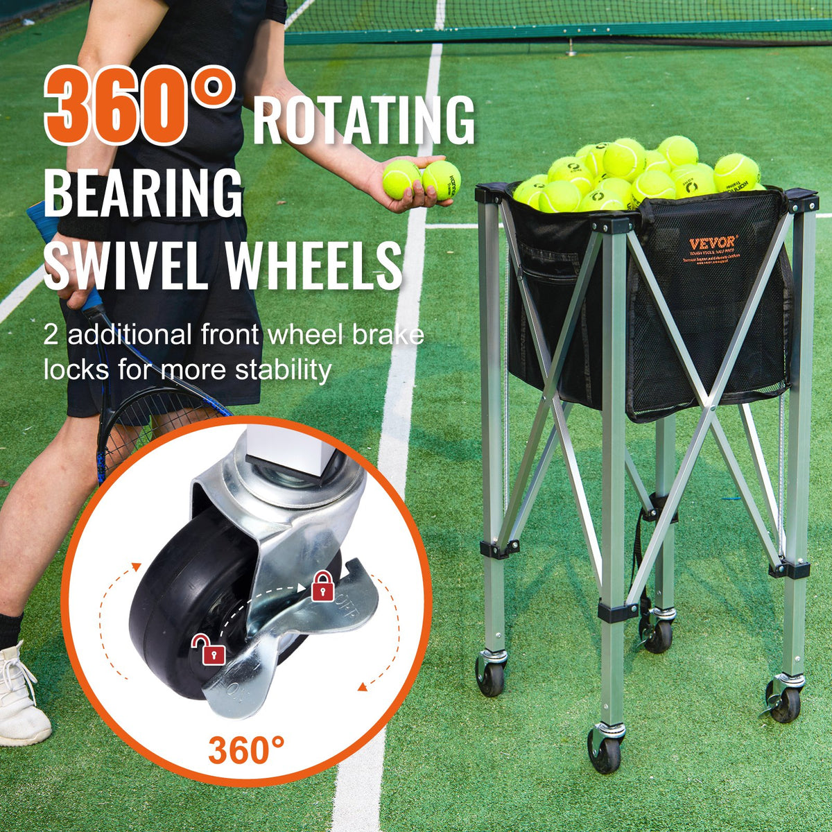Foldable Tennis Ball Hopper 150 Balls Aluminum Alloy Basket Cart with Wheels