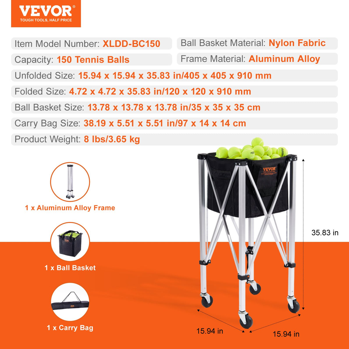 Foldable Tennis Ball Hopper 150 Balls Aluminum Alloy Basket Cart with Wheels