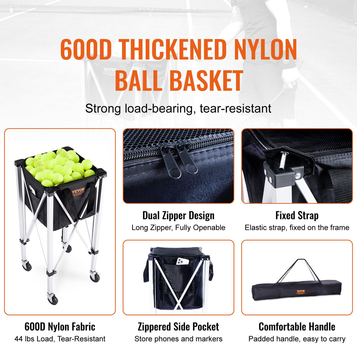 Foldable Tennis Ball Hopper 180 Balls Aluminum Alloy Basket Cart with Wheels