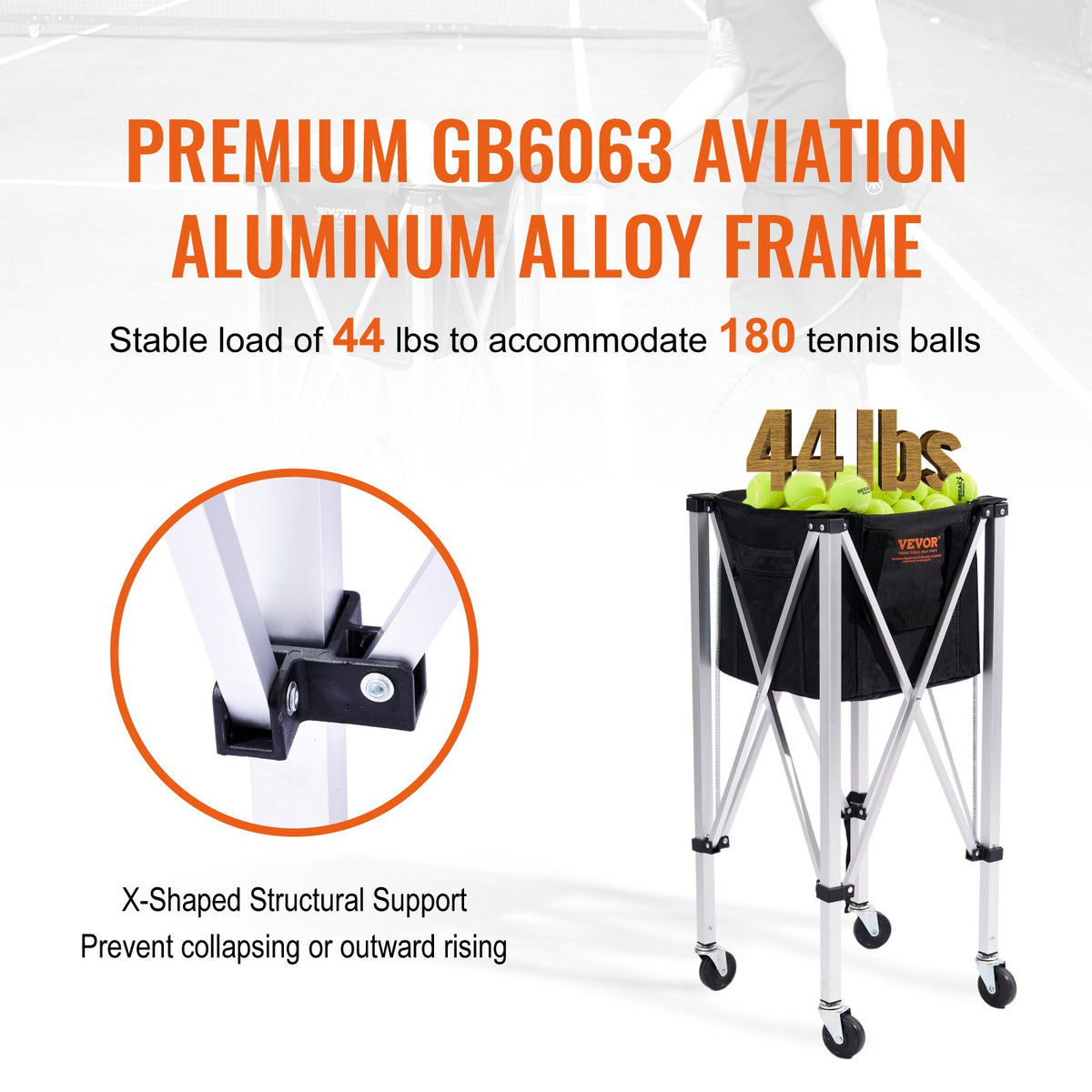 Foldable Tennis Ball Hopper 180 Balls Aluminum Alloy Basket Cart with Wheels