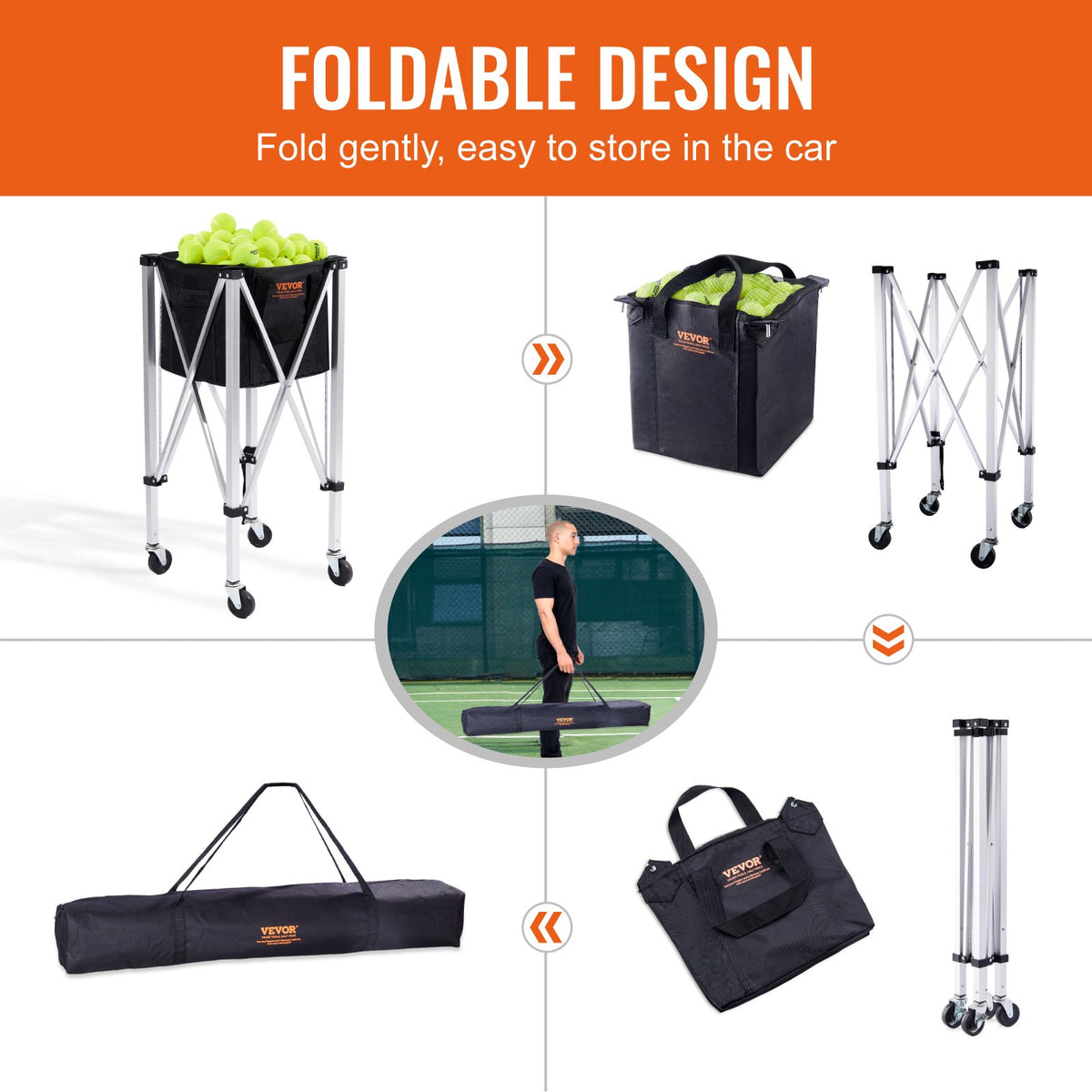 Foldable Tennis Ball Hopper 180 Balls Aluminum Alloy Basket Cart with Wheels