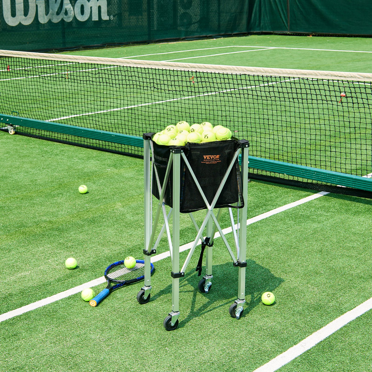 Foldable Tennis Ball Hopper 180 Balls Aluminum Alloy Basket Cart with Wheels