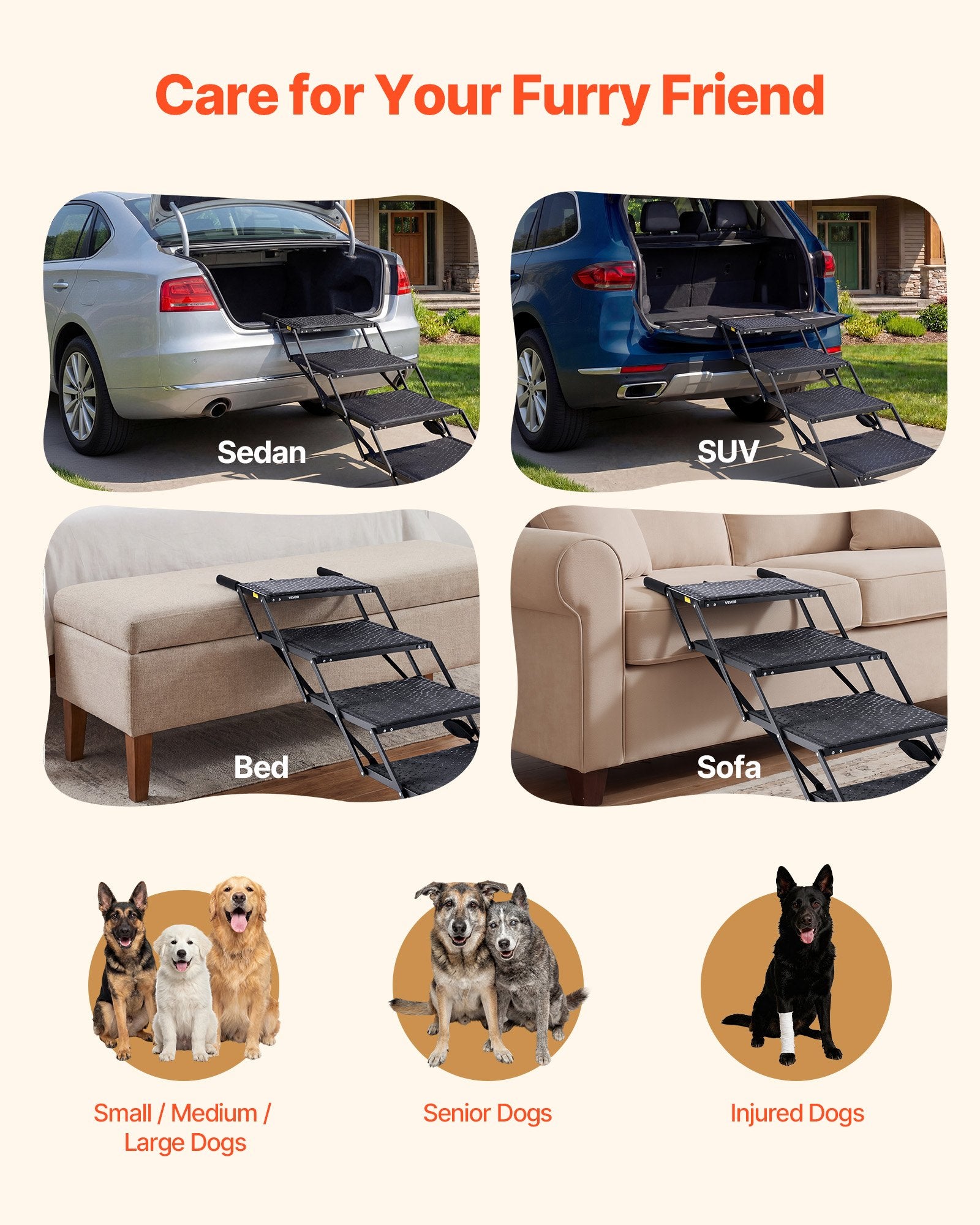 4-Step Foldable Dog Stairs for Car Non-Slip Ramp Supports up to 113kg