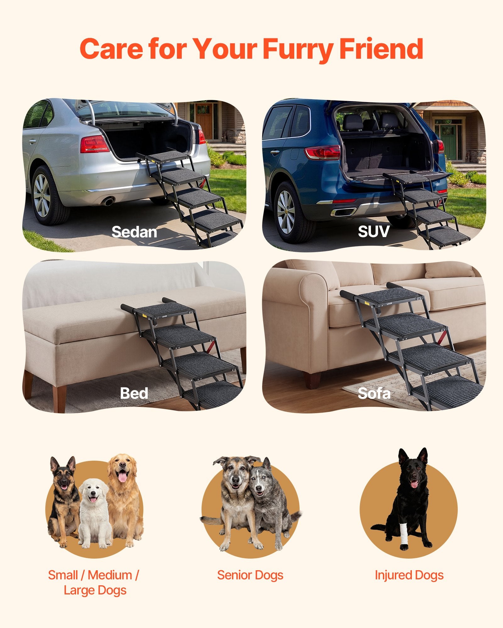 Dog Stairs Car 5 Step Foldable Ramp Extra Wide Non-Slip 91kg Portable Pet Ladder