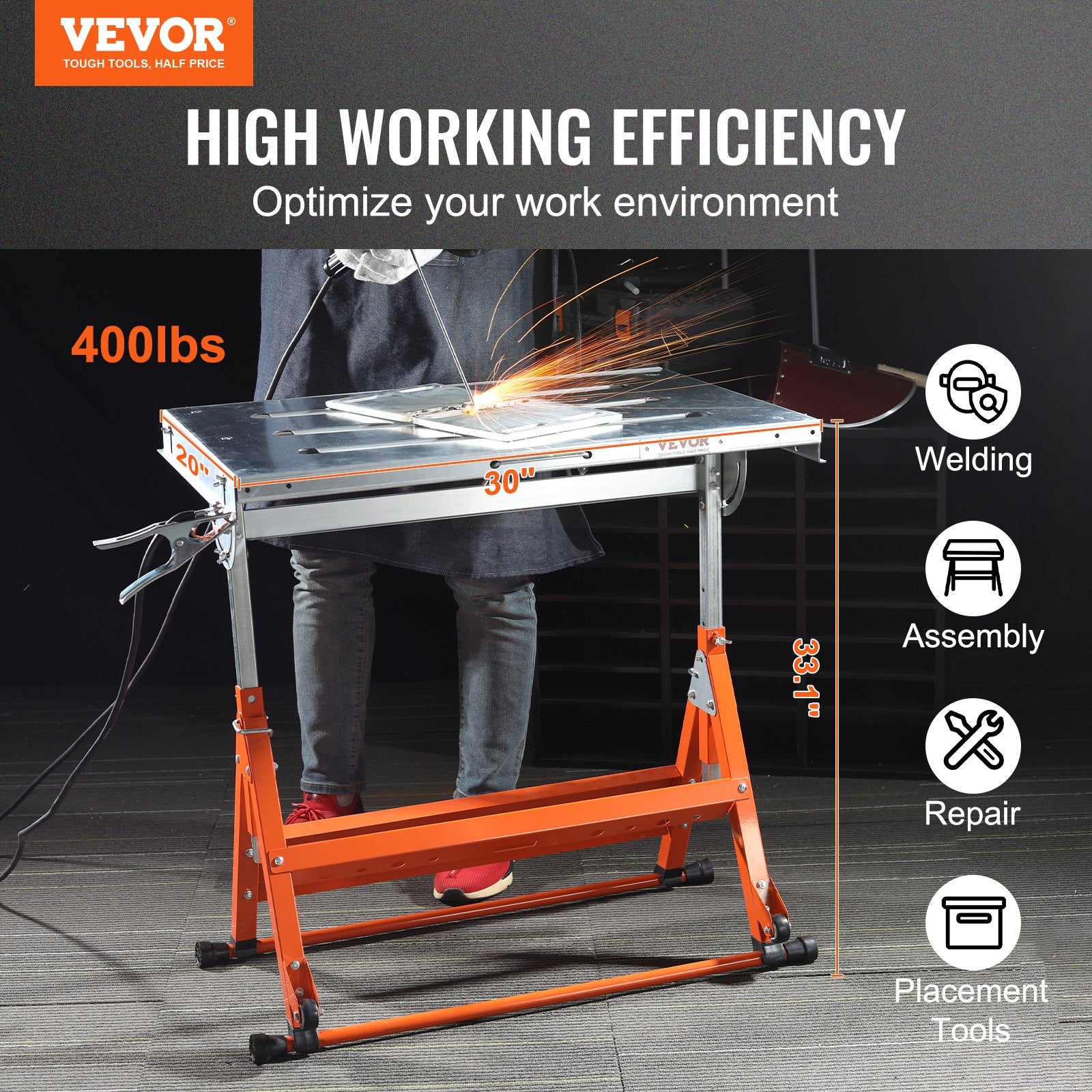Welding Table 30x20 Inch Steel Workbench 400LBS Folding with Adjustable Rails