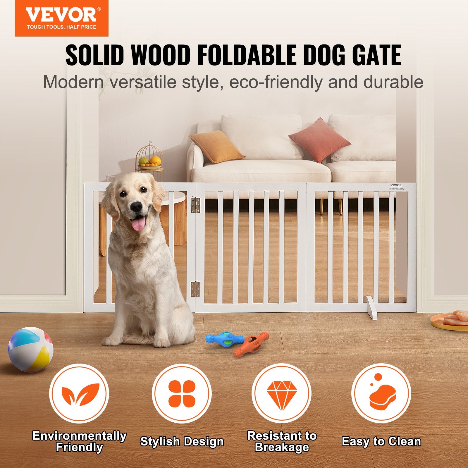 Free Standing Dog Gate 24"H x 60"W 3-Panel Foldable Expandable Pet Barrier White