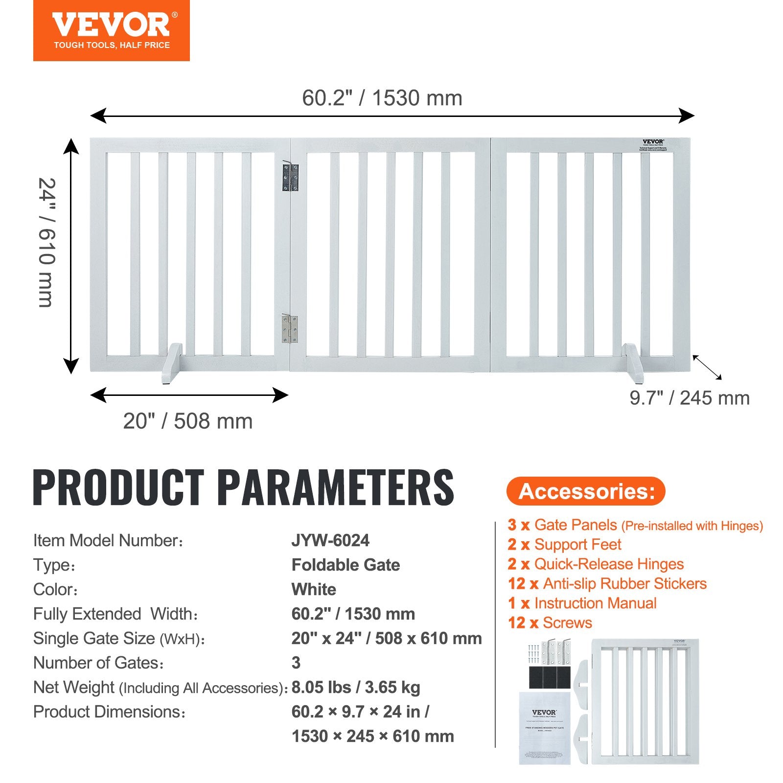 Free Standing Dog Gate 24"H x 60"W 3-Panel Foldable Expandable Pet Barrier White