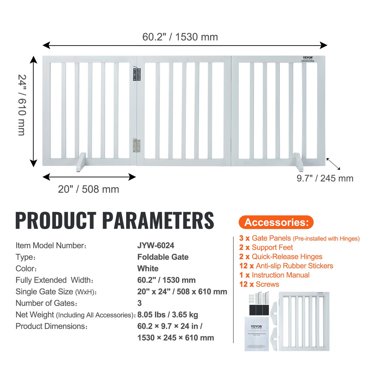 Free Standing Dog Gate 24"H x 60"W 3-Panel Foldable Expandable Pet Barrier White