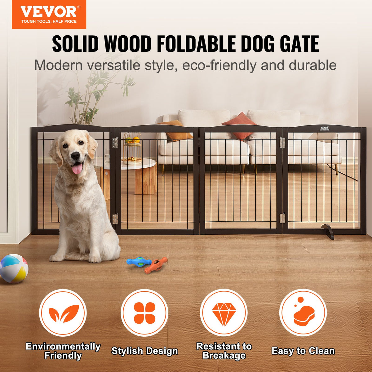 32"H x 96.5"W Free Standing and Foldable Pet Gate with 4 Panels Brown