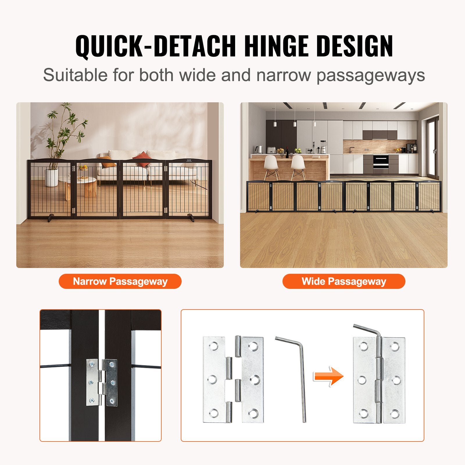 32"H x 96.5"W Free Standing and Foldable Pet Gate with 4 Panels Brown