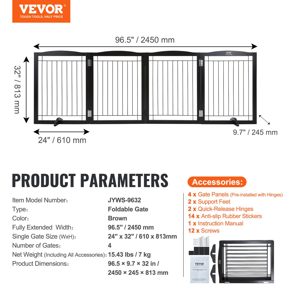 32"H x 96.5"W Free Standing and Foldable Pet Gate with 4 Panels Brown