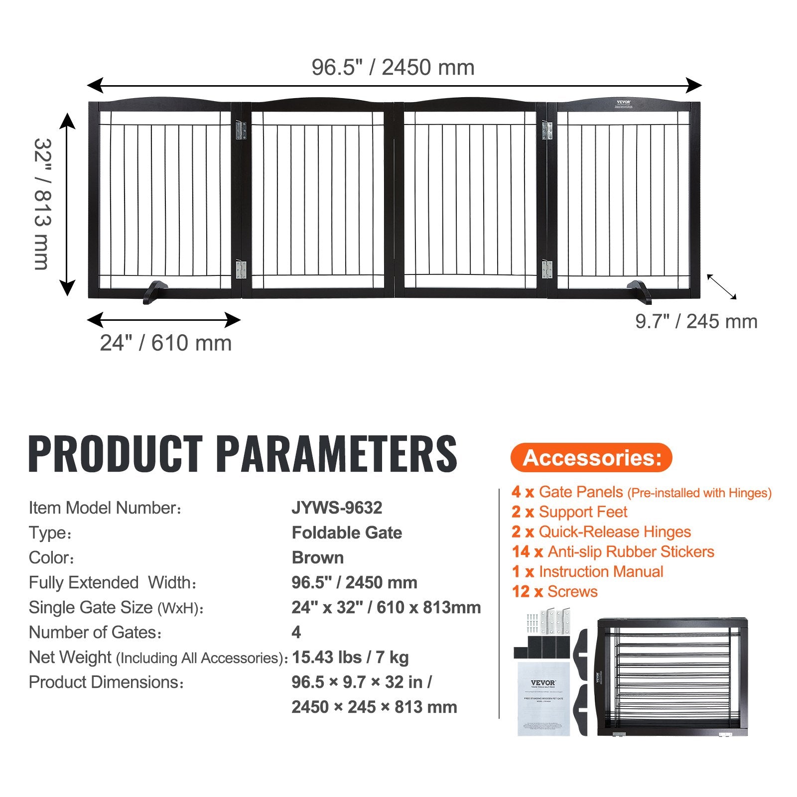 32"H x 96.5"W Free Standing and Foldable Pet Gate with 4 Panels Brown