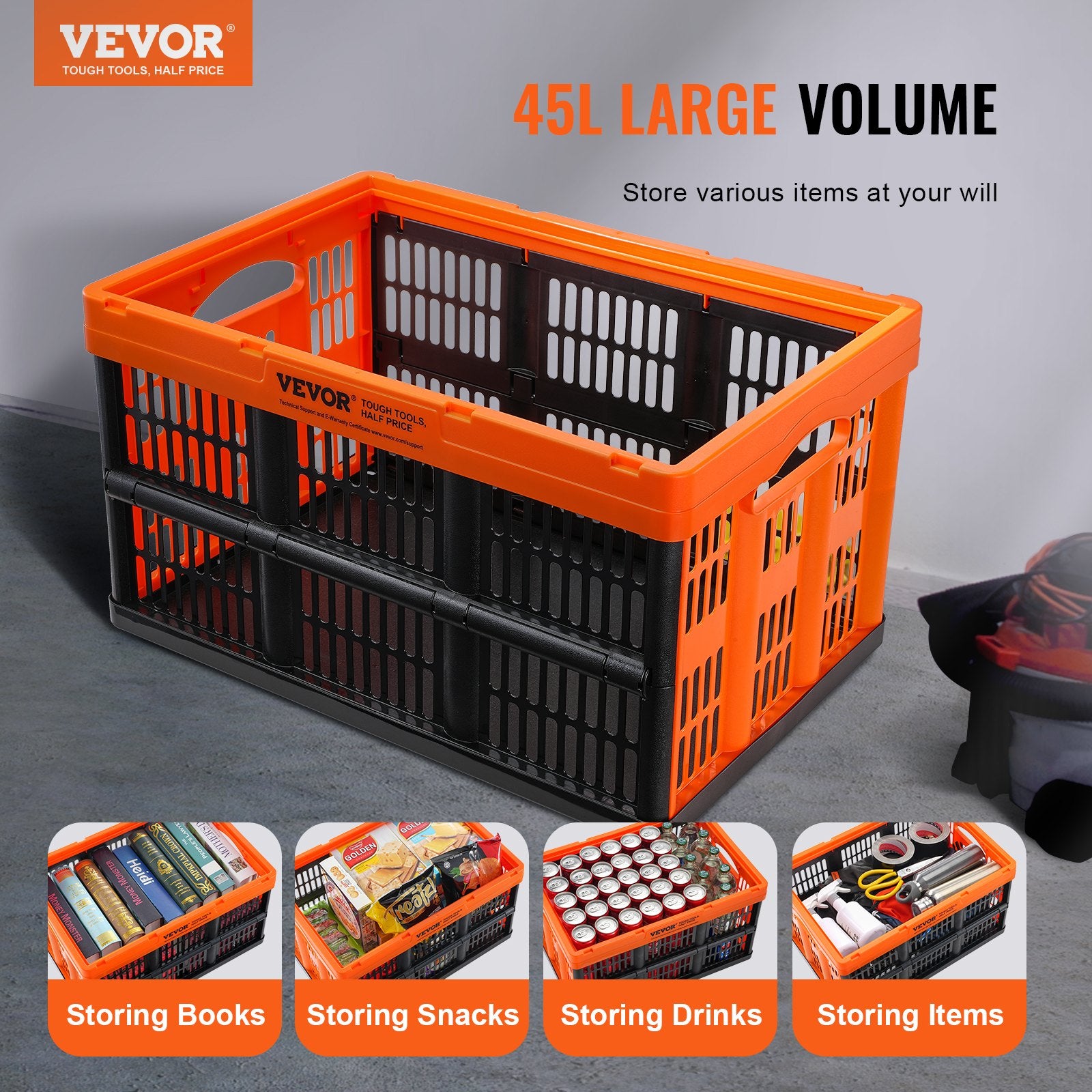 Plastic Collapsible Storage Basket 45L 3 Pack Folding Stackable Bins Handles