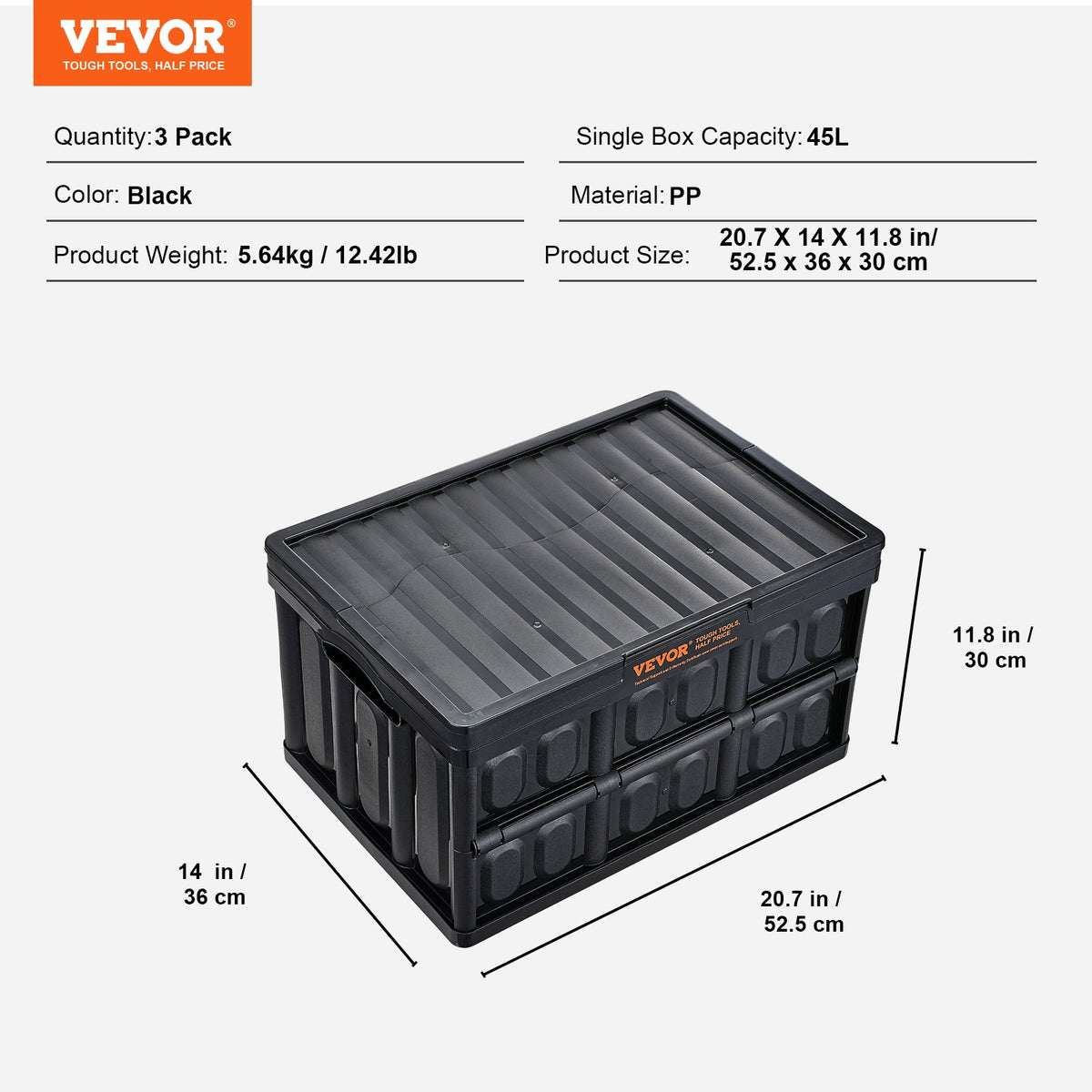 Collapsible Storage Bins with Lids 45L 3 Pack Folding Stackable Crates