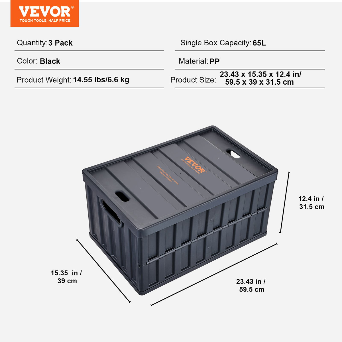Storage Bins Collapsible 3-Pack 65L with Lids Foldable Heavy Duty Plastic