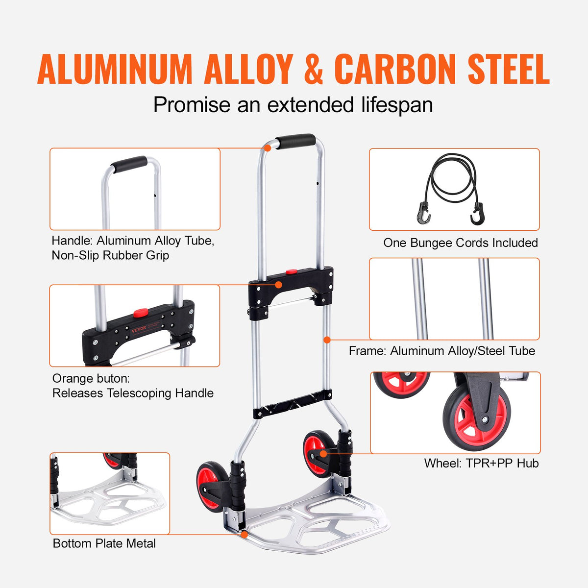 Hand Truck Folding Aluminum 80KG Convertible Dolly Telescoping Handle Wheels