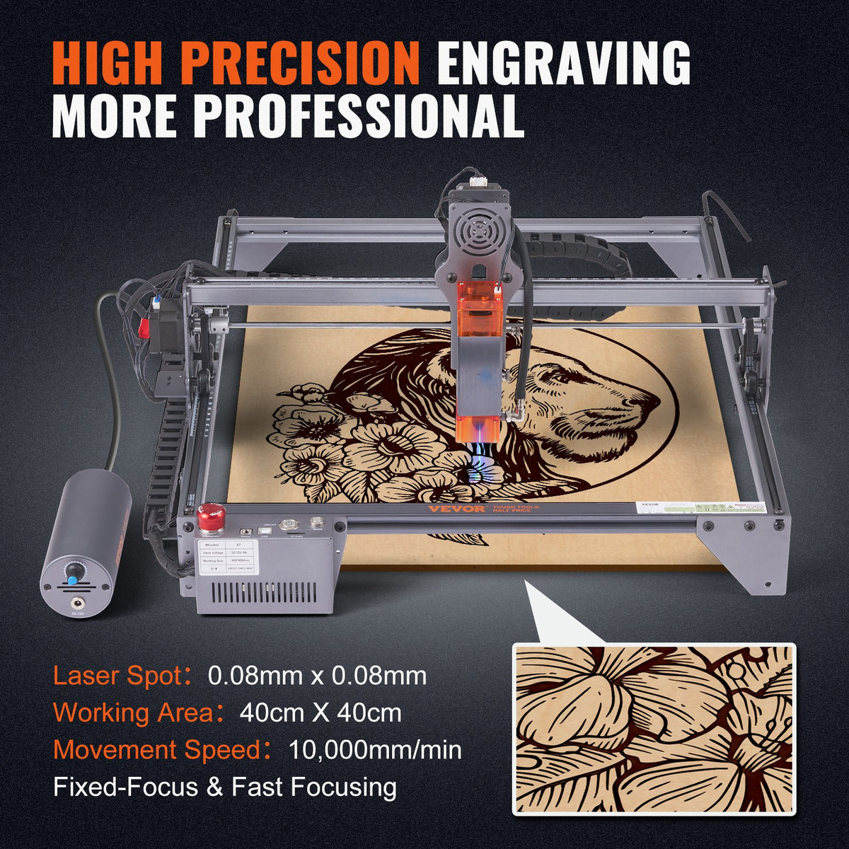 10W Laser Engraver, 15.7"x15.7" Area, 10000mm/min, Eye Protection, Wood & Metal