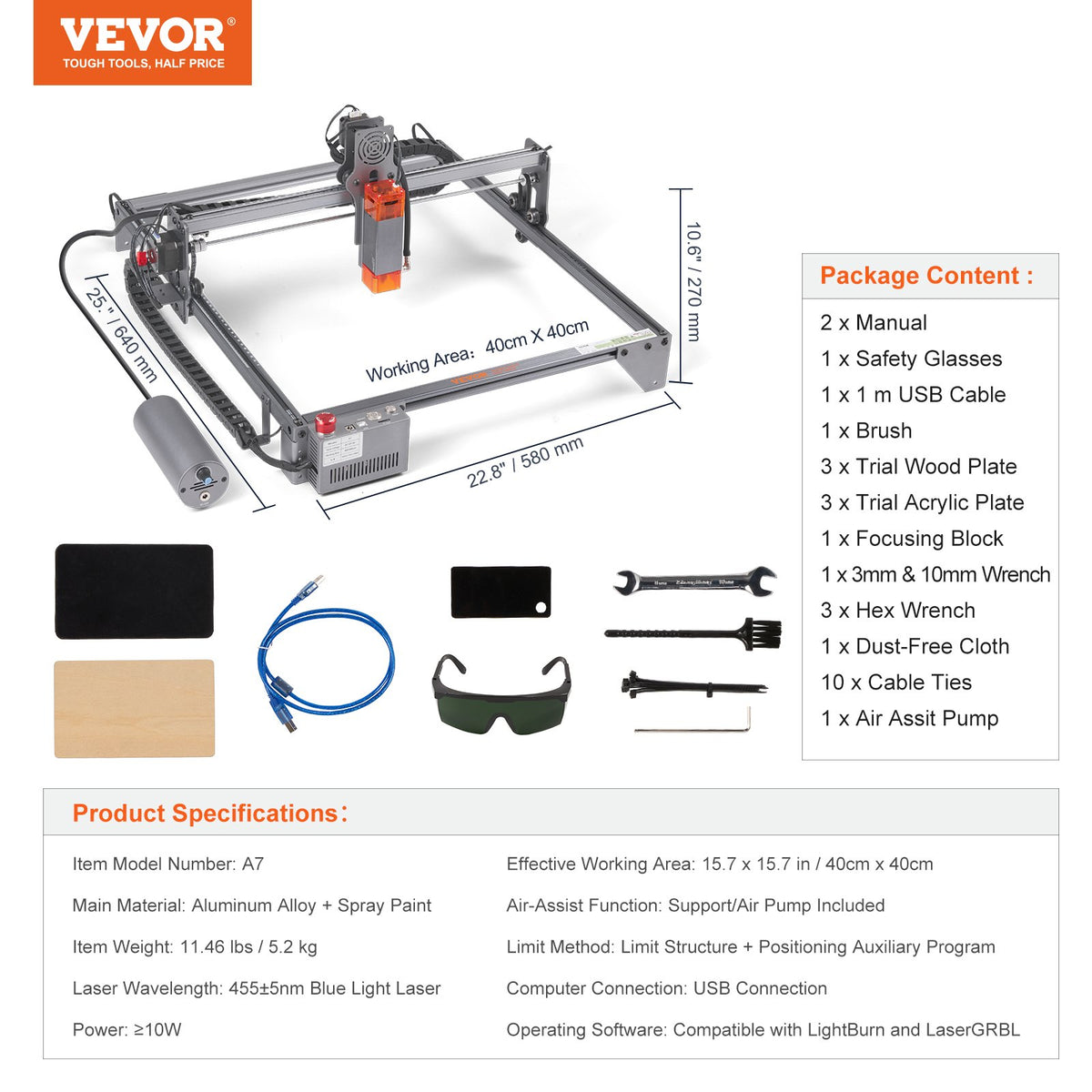 10W Laser Engraver, 15.7"x15.7" Area, 10000mm/min, Eye Protection, Wood & Metal