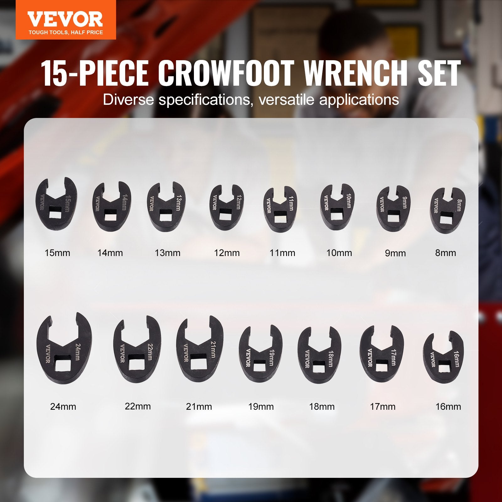 Crowfoot Wrench Set 15-Piece 1/2" 3/8" Drive Metric 8-24mm with Storage Case