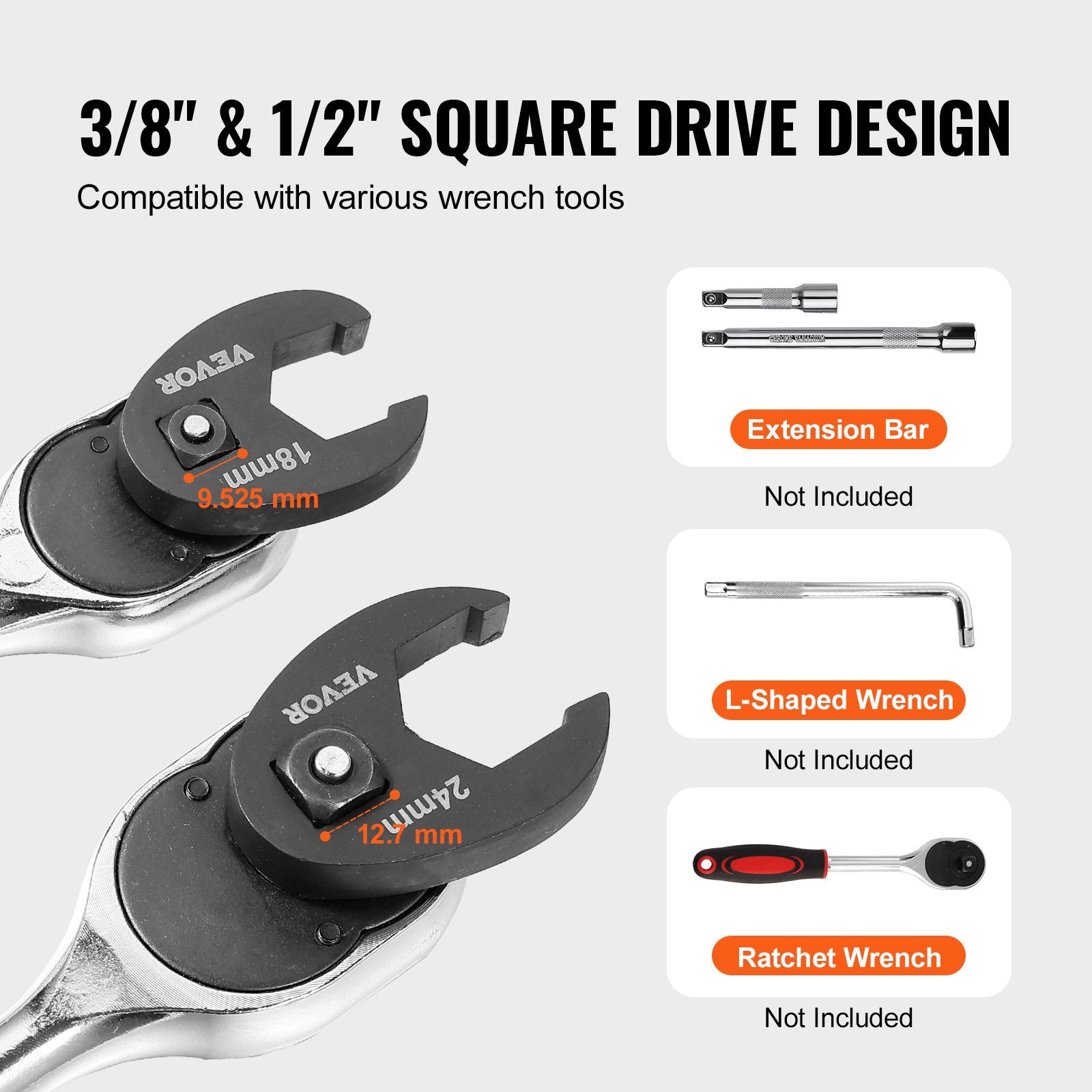 Crowfoot Wrench Set 15-Piece 1/2" 3/8" Drive Metric 8-24mm with Storage Case