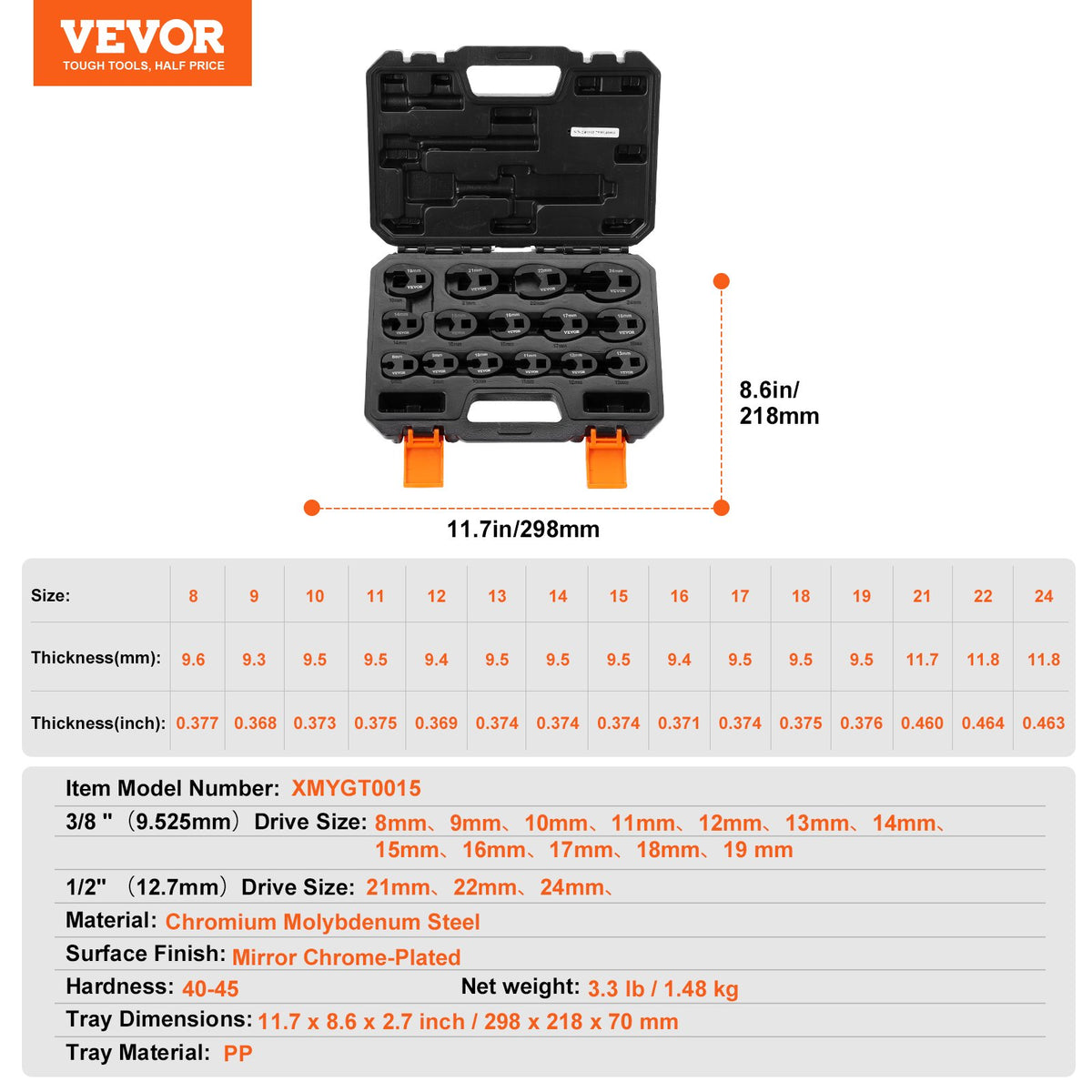 Crowfoot Wrench Set 15-Piece 1/2" 3/8" Drive Metric 8-24mm with Storage Case