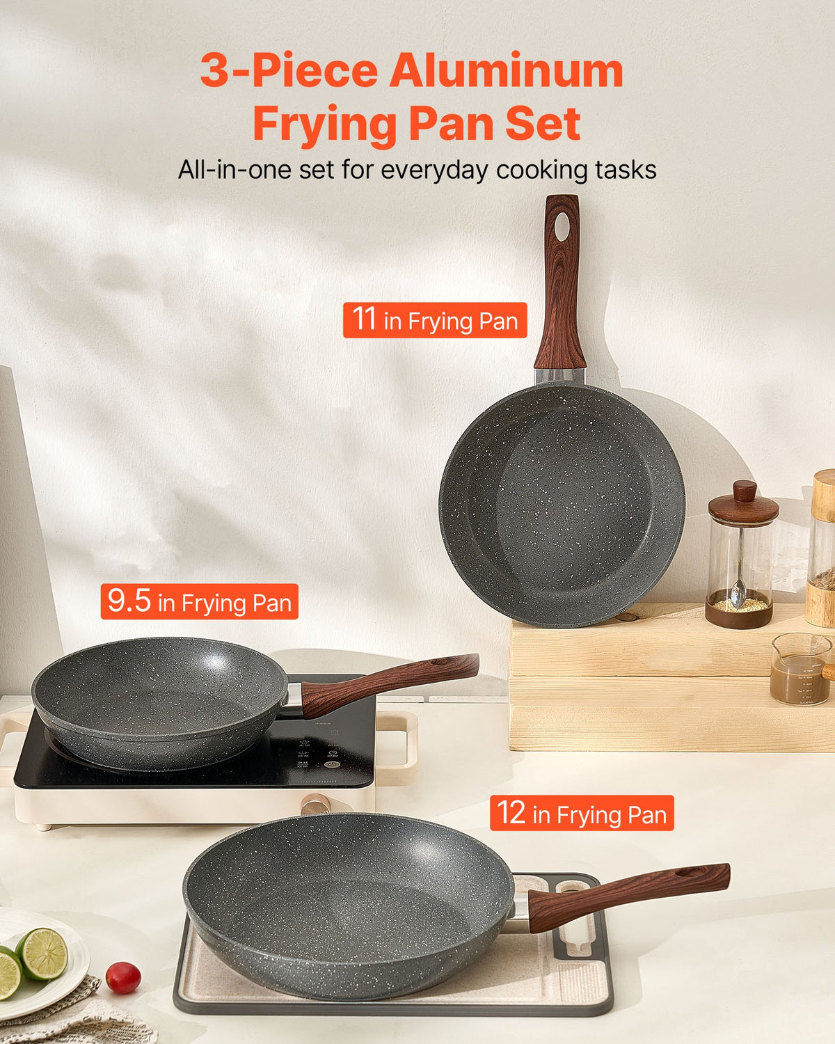 Frying Pan Skillet 3-Piece Nonstick Heavy-Duty Heat-Resistant Handle