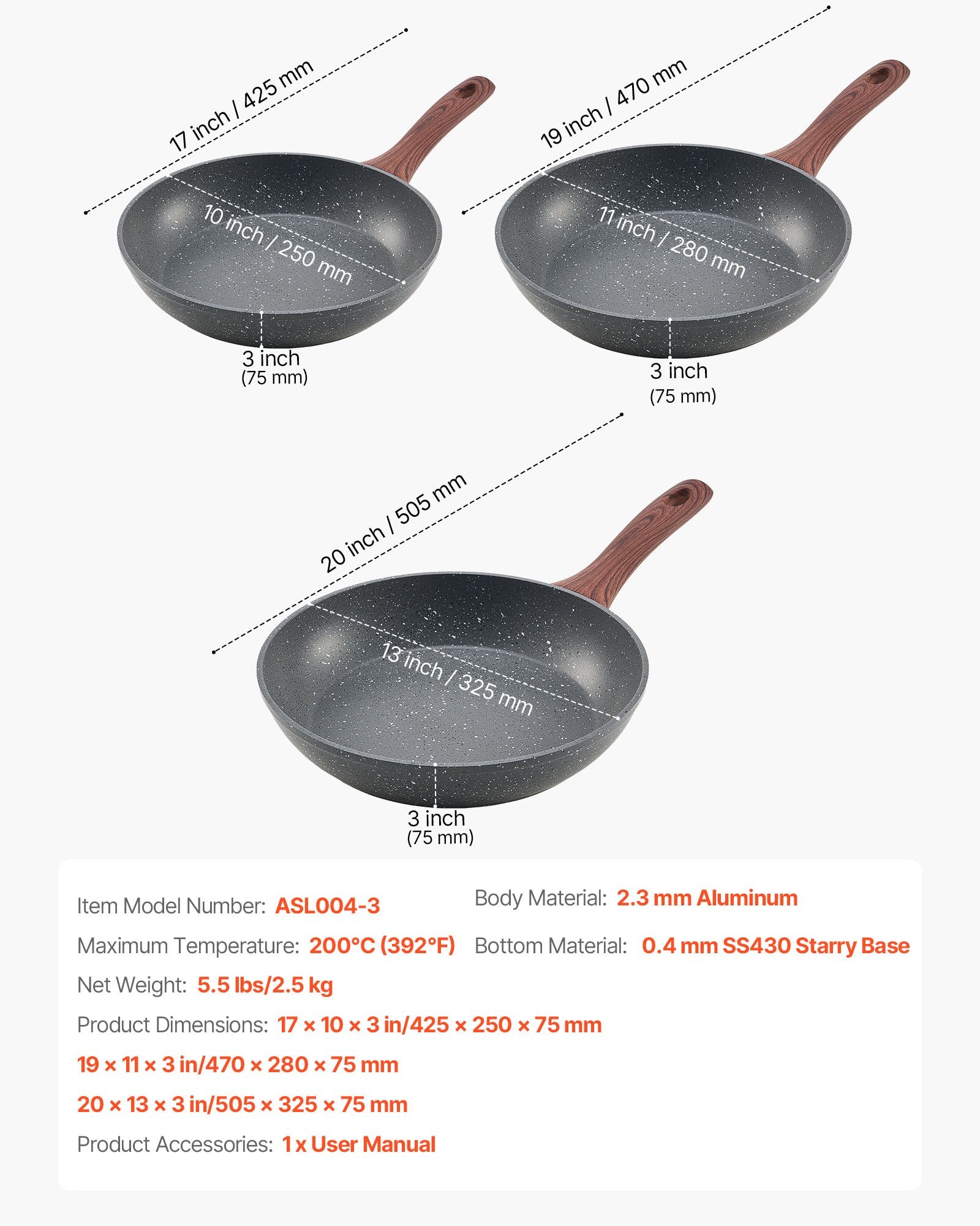 Frying Pan Skillet 3-Piece Nonstick Heavy-Duty Heat-Resistant Handle