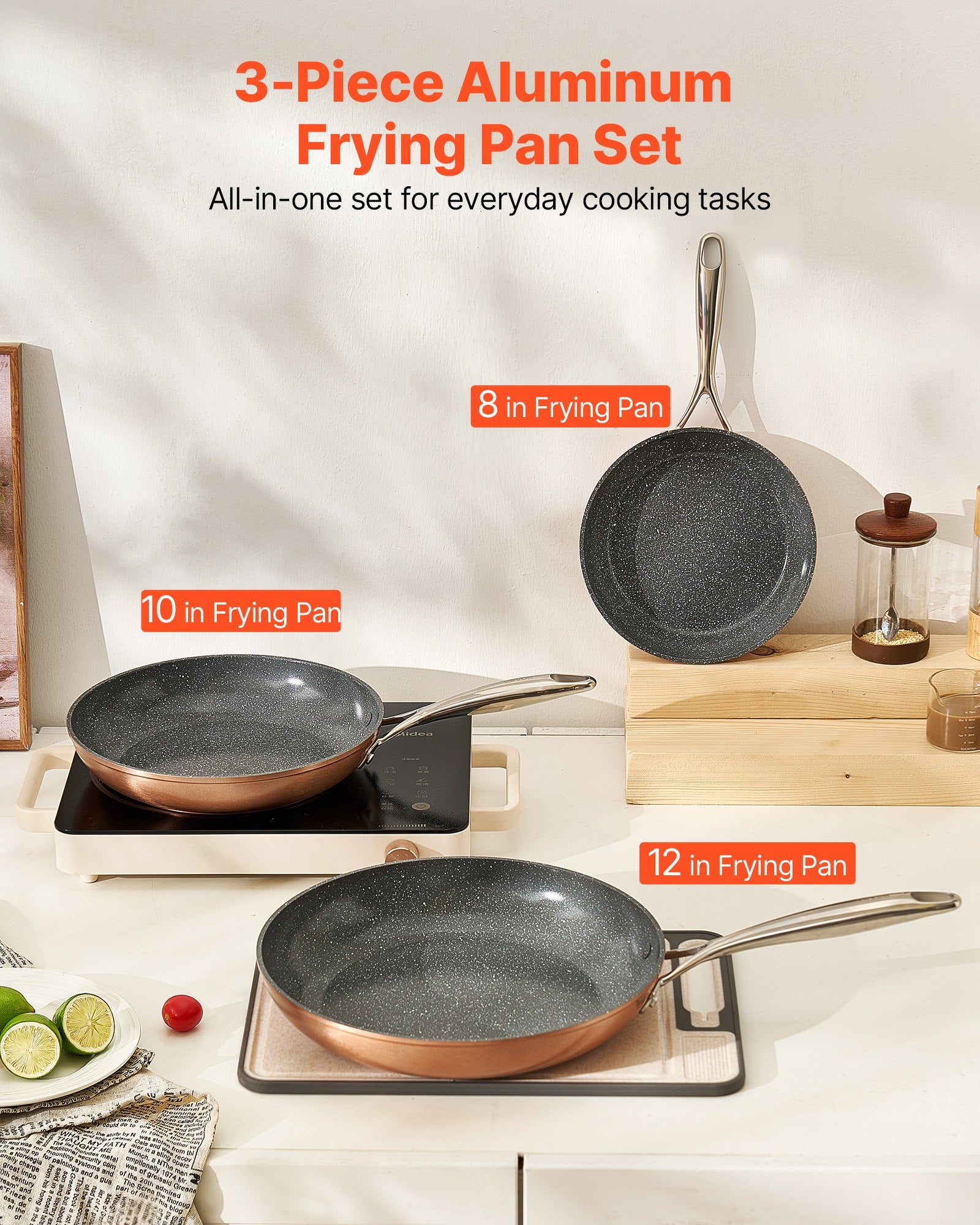 Frying Pan Skillet Set 3 Aluminum Nonstick Ceramic Pans Heat-Resistant Handle