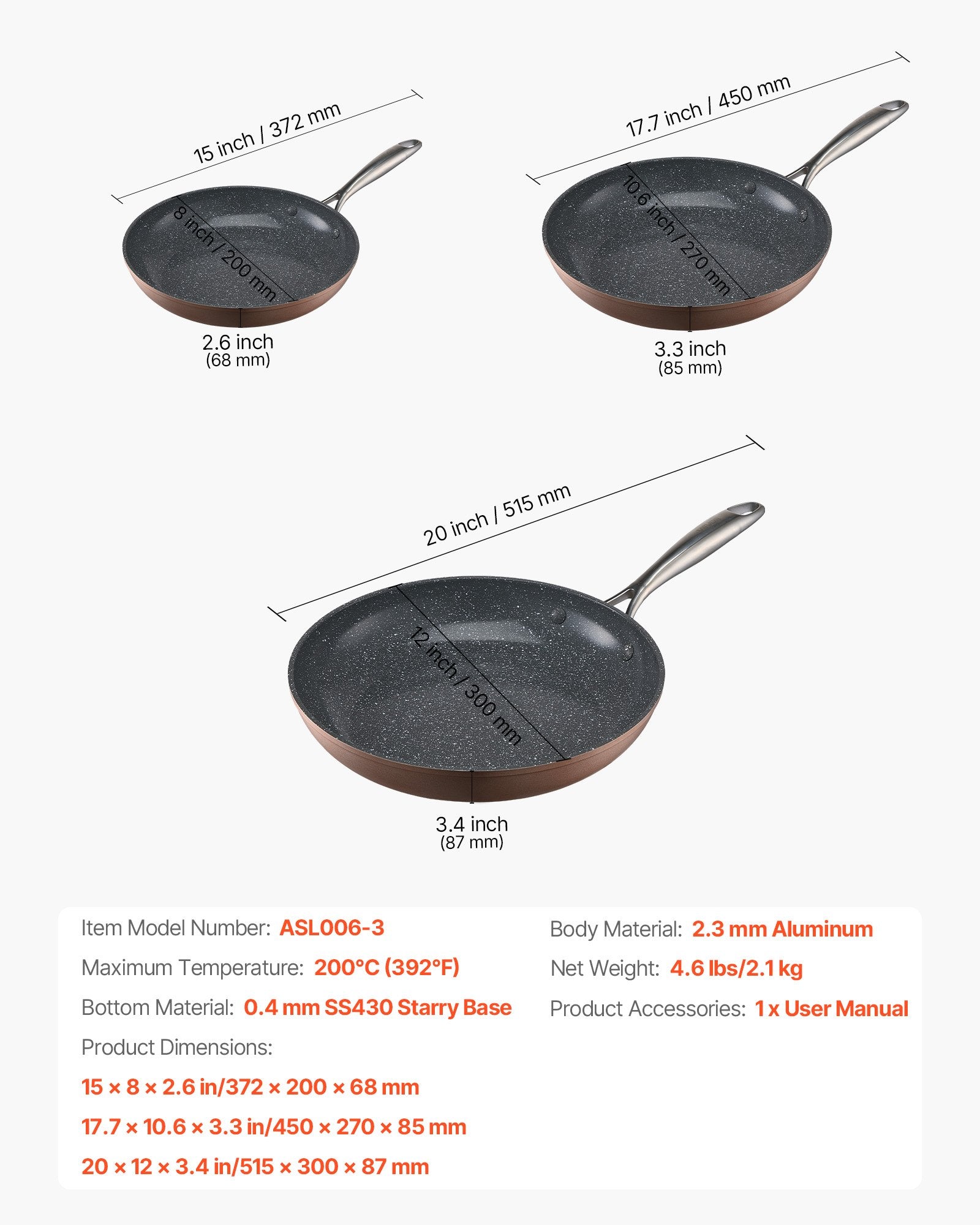 Frying Pan Skillet Set 3 Aluminum Nonstick Ceramic Pans Heat-Resistant Handle