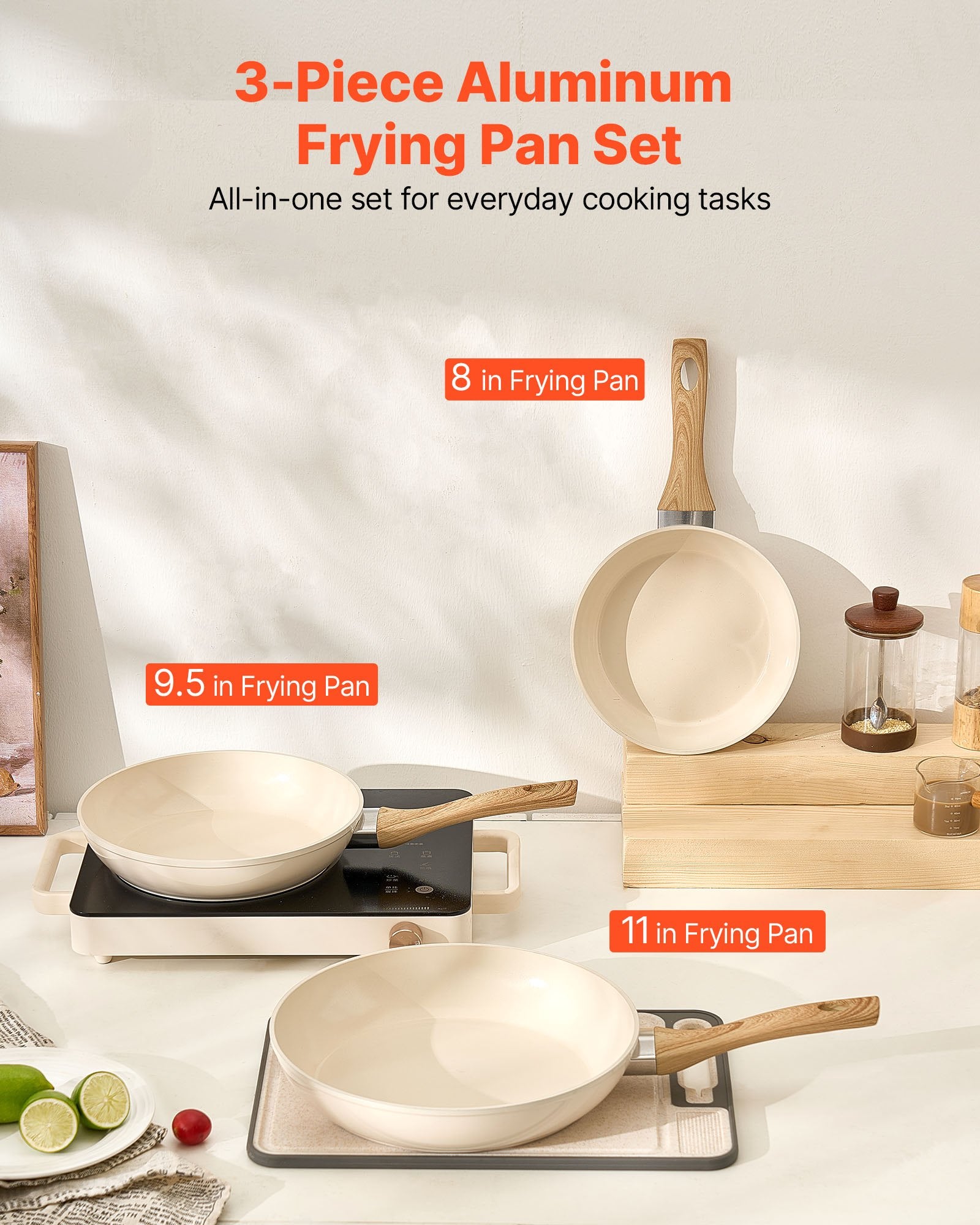 Frying Pan Skillet 3-Pcs (200/240/280mm) Nonstick Ceramic Heat-Resistant Handle