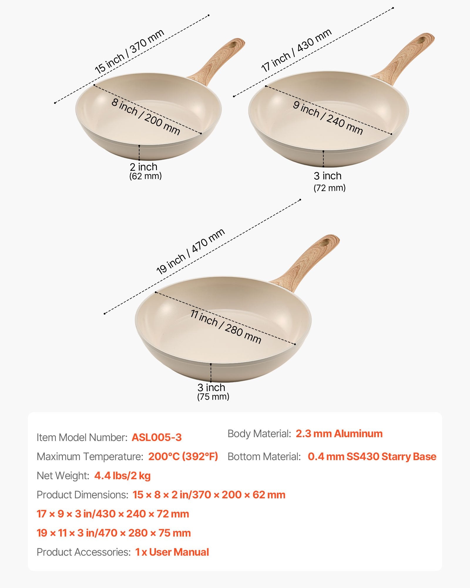 Frying Pan Skillet 3-Pcs (200/240/280mm) Nonstick Ceramic Heat-Resistant Handle