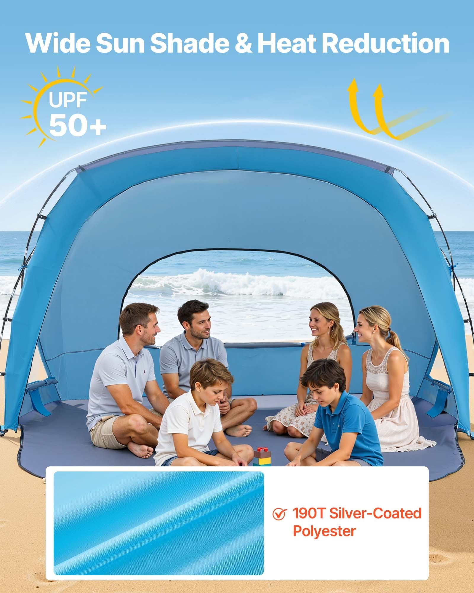 Beach Tent Sun Shelter 6 Person UPF50+ Portable Canopy Sand Pockets Carry Bag