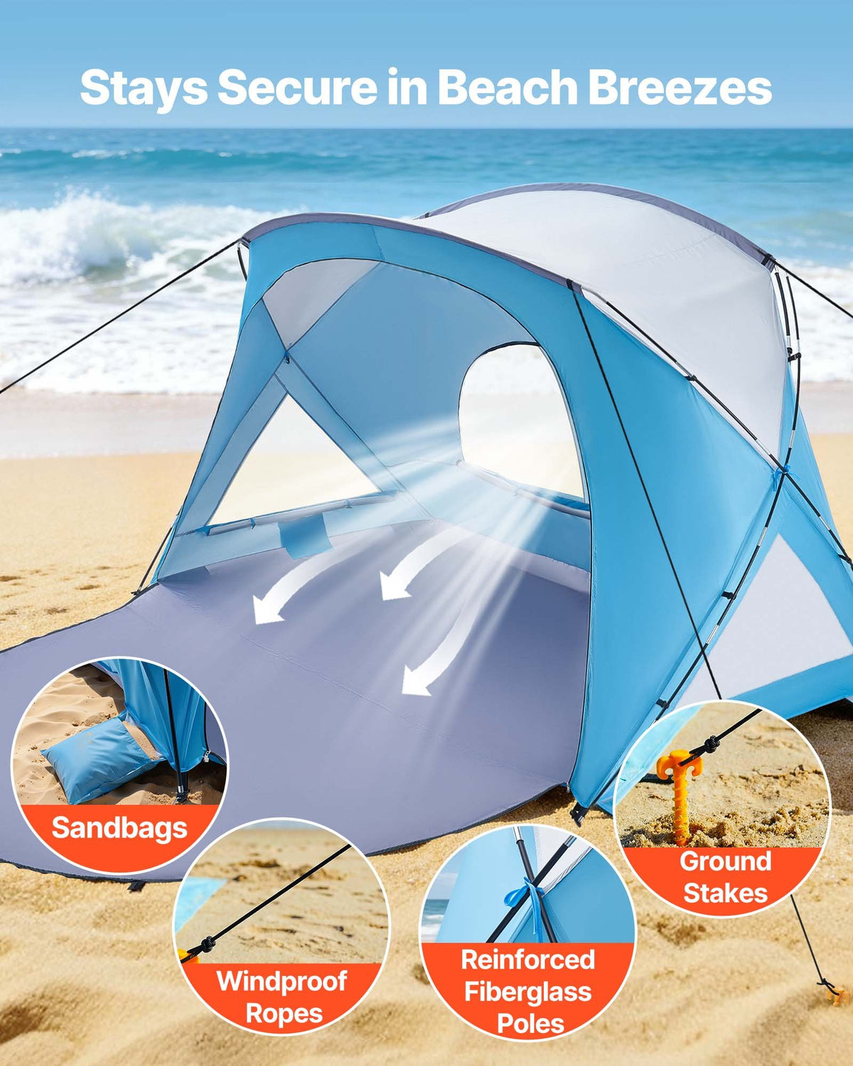 Beach Tent Sun Shelter 6 Person UPF50+ Portable Canopy Sand Pockets Carry Bag