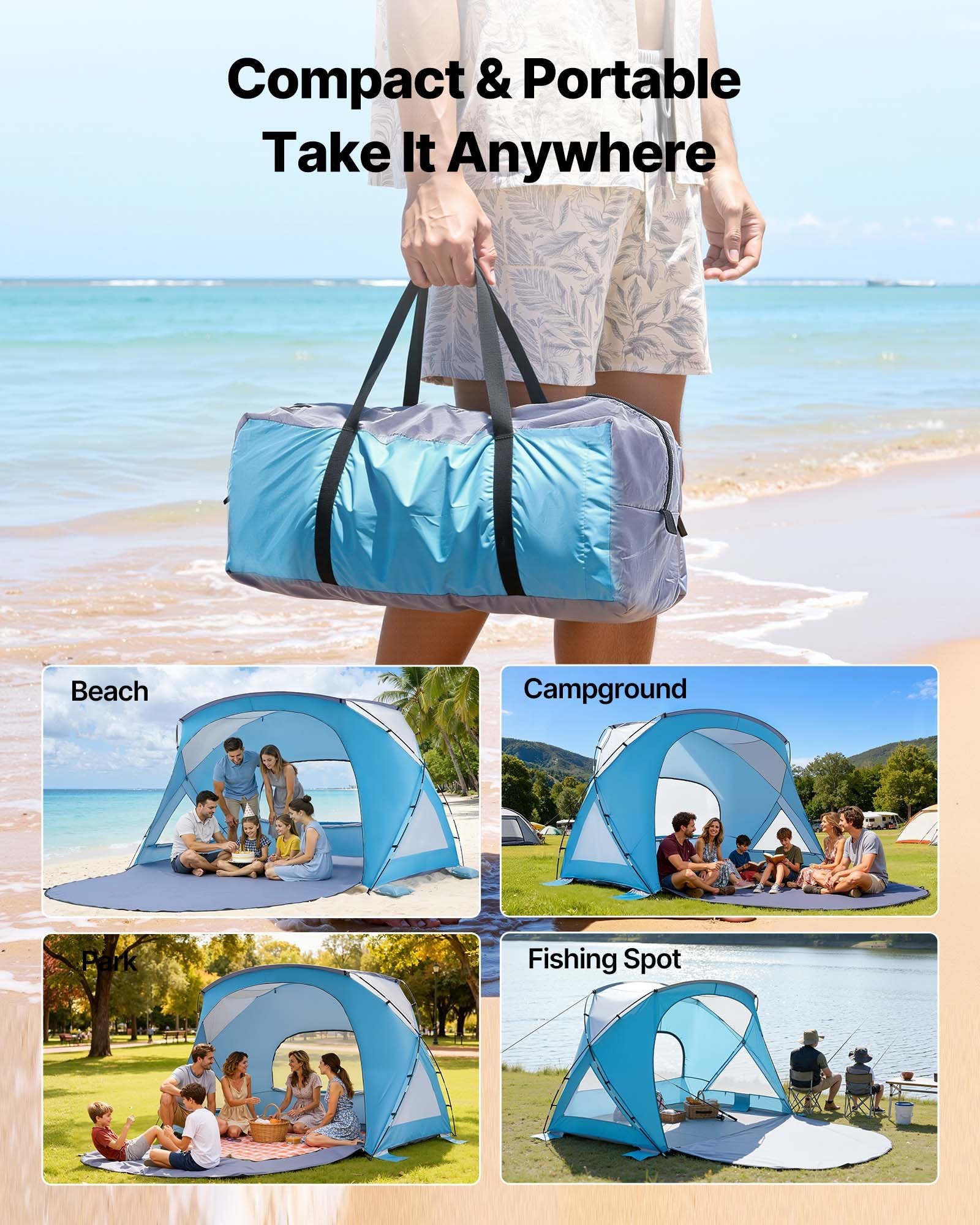 Beach Tent Sun Shelter 6 Person UPF50+ Portable Canopy Sand Pockets Carry Bag