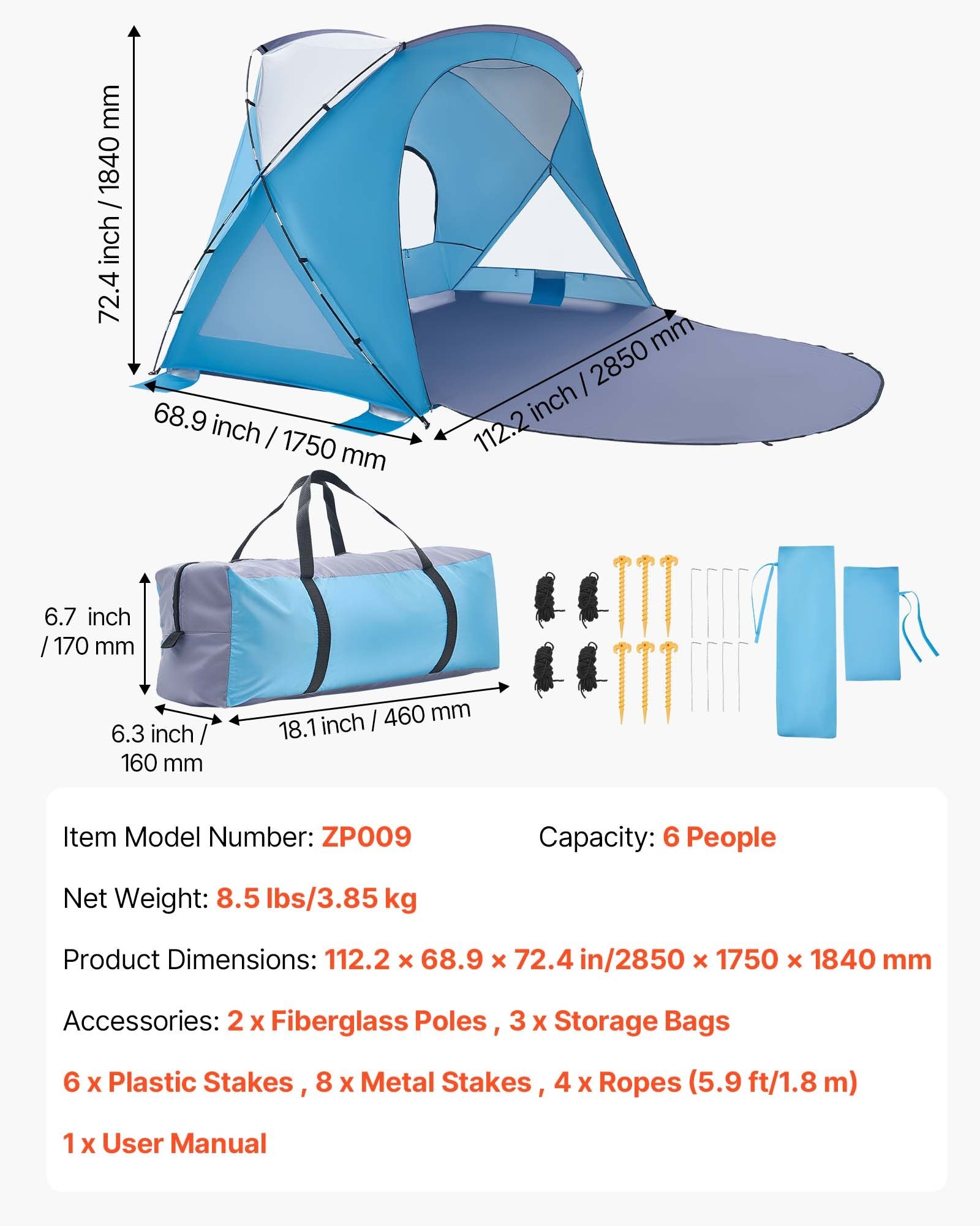 Beach Tent Sun Shelter 6 Person UPF50+ Portable Canopy Sand Pockets Carry Bag