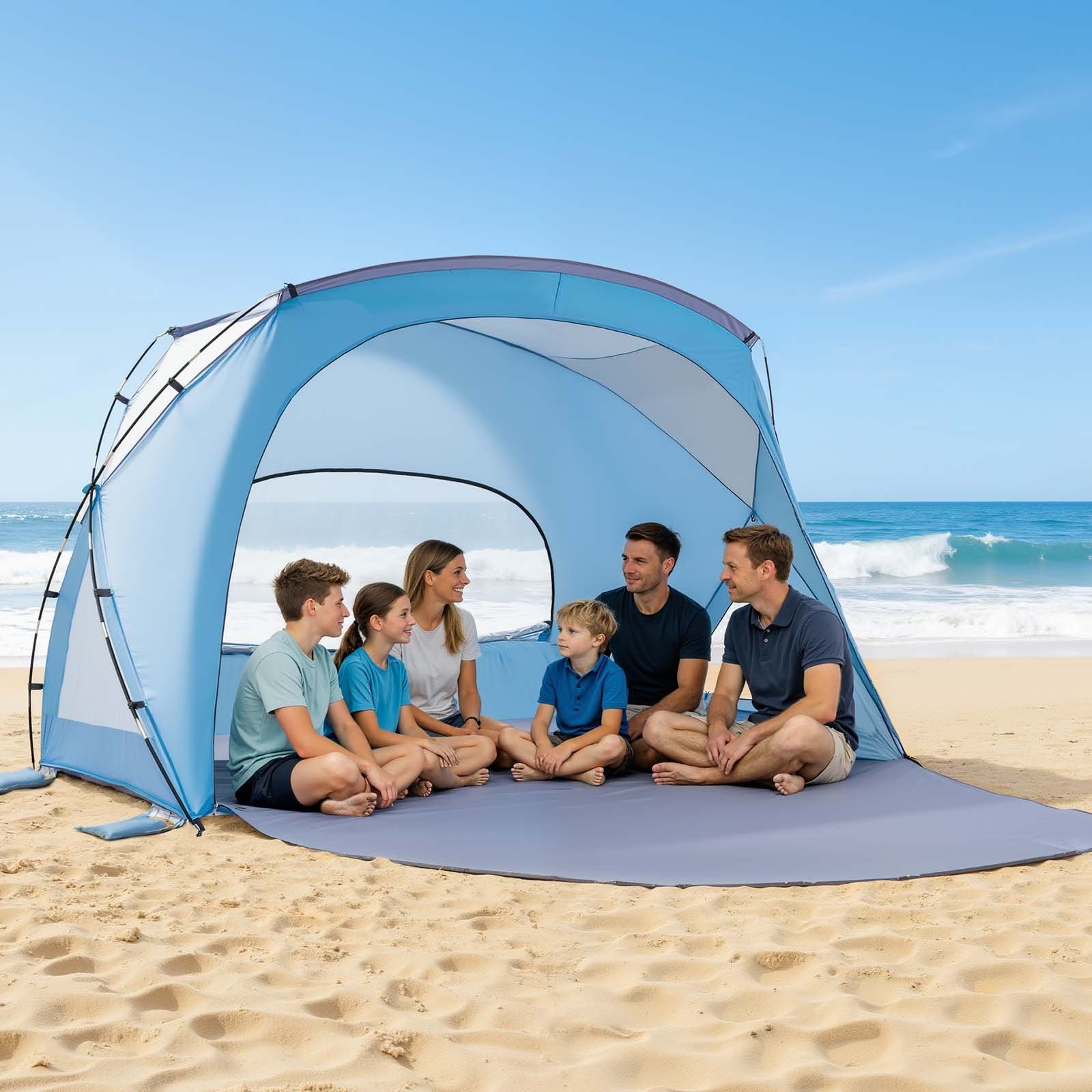 Beach Tent Sun Shelter 6 Person UPF50+ Portable Canopy Sand Pockets Carry Bag