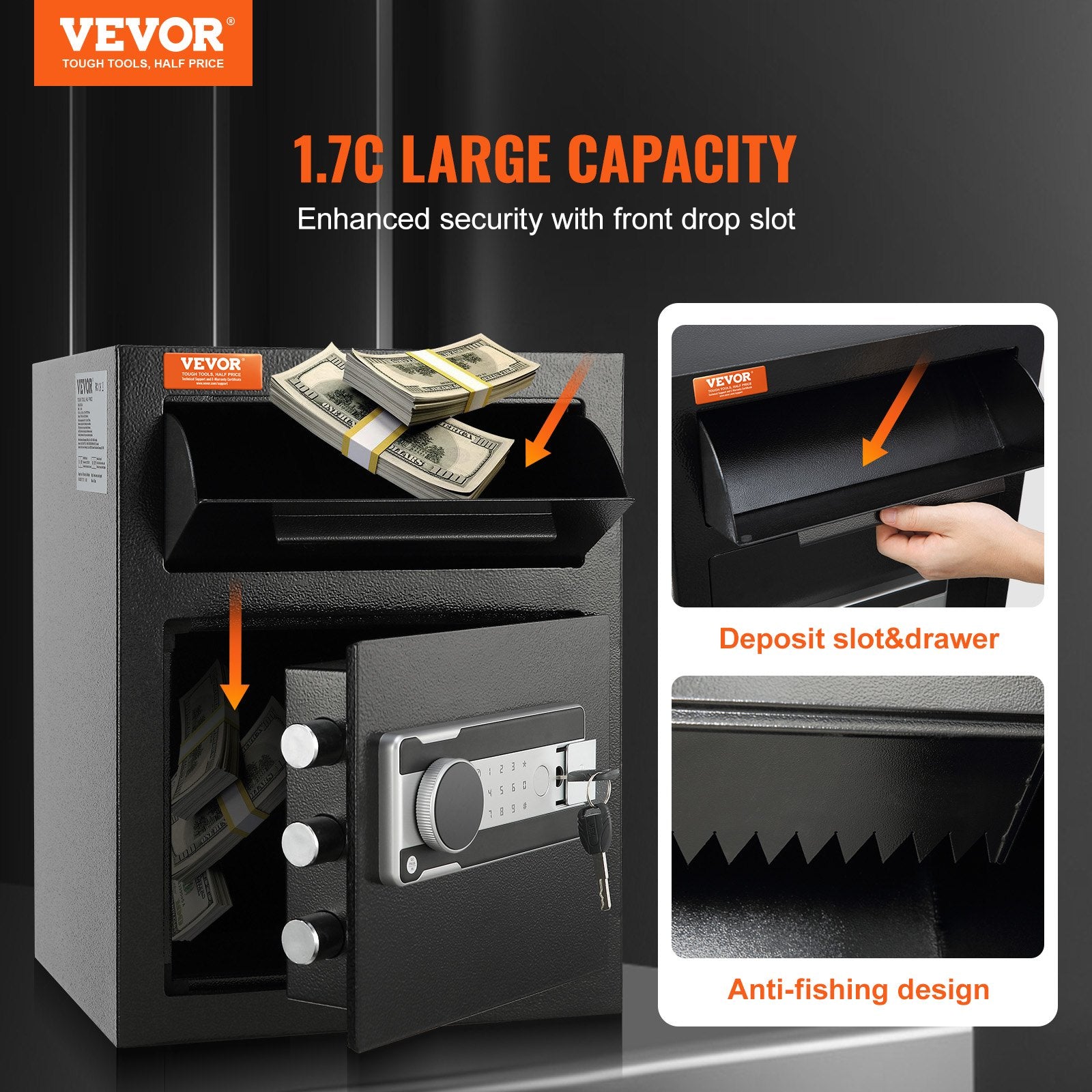 Depository Safe 1.7 Cub Drop Slot Electronic Code Lock 2 Keys 17.71x13.77x13.77