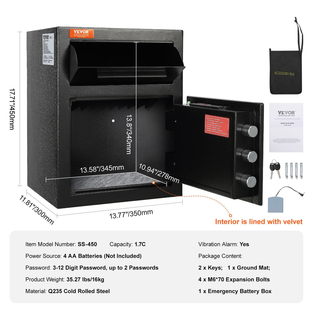 Depository Safe 1.7 Cub Drop Slot Electronic Code Lock 2 Keys 17.71x13.77x13.77