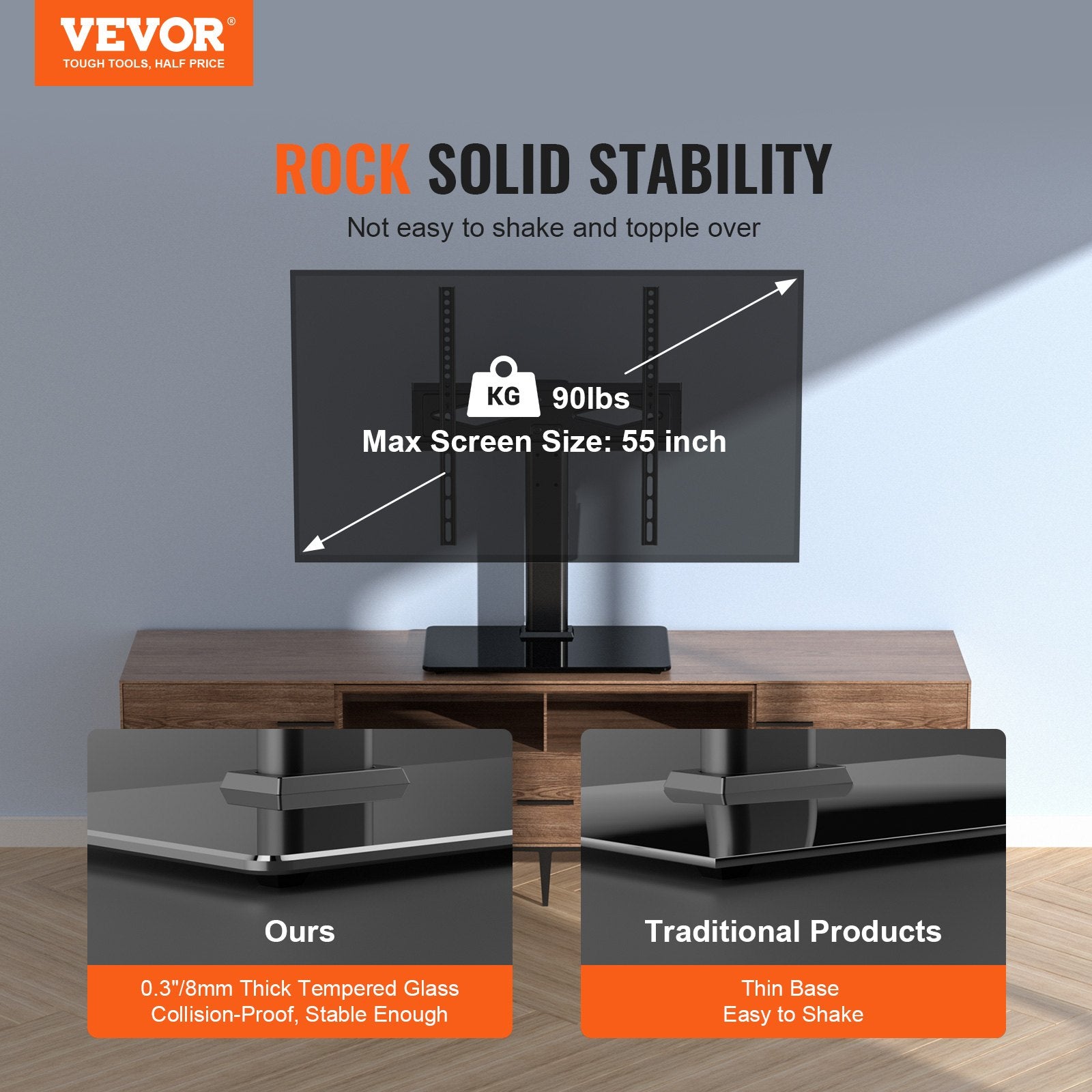 TV Stand Mount Swivel Universal 32-55in TVs Height Adjustable Floor Stand Glass
