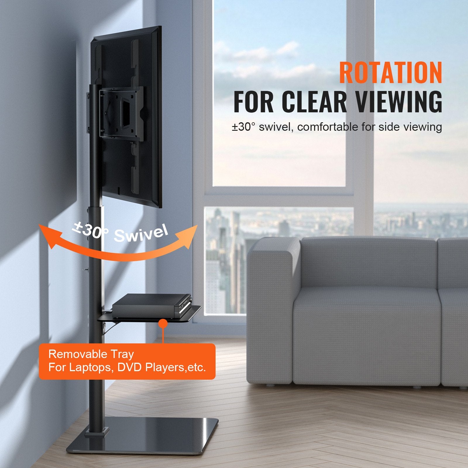 Tall TV Stand Swivel Height Adjustable Floor Stand 32-65 Inch with Glass Base