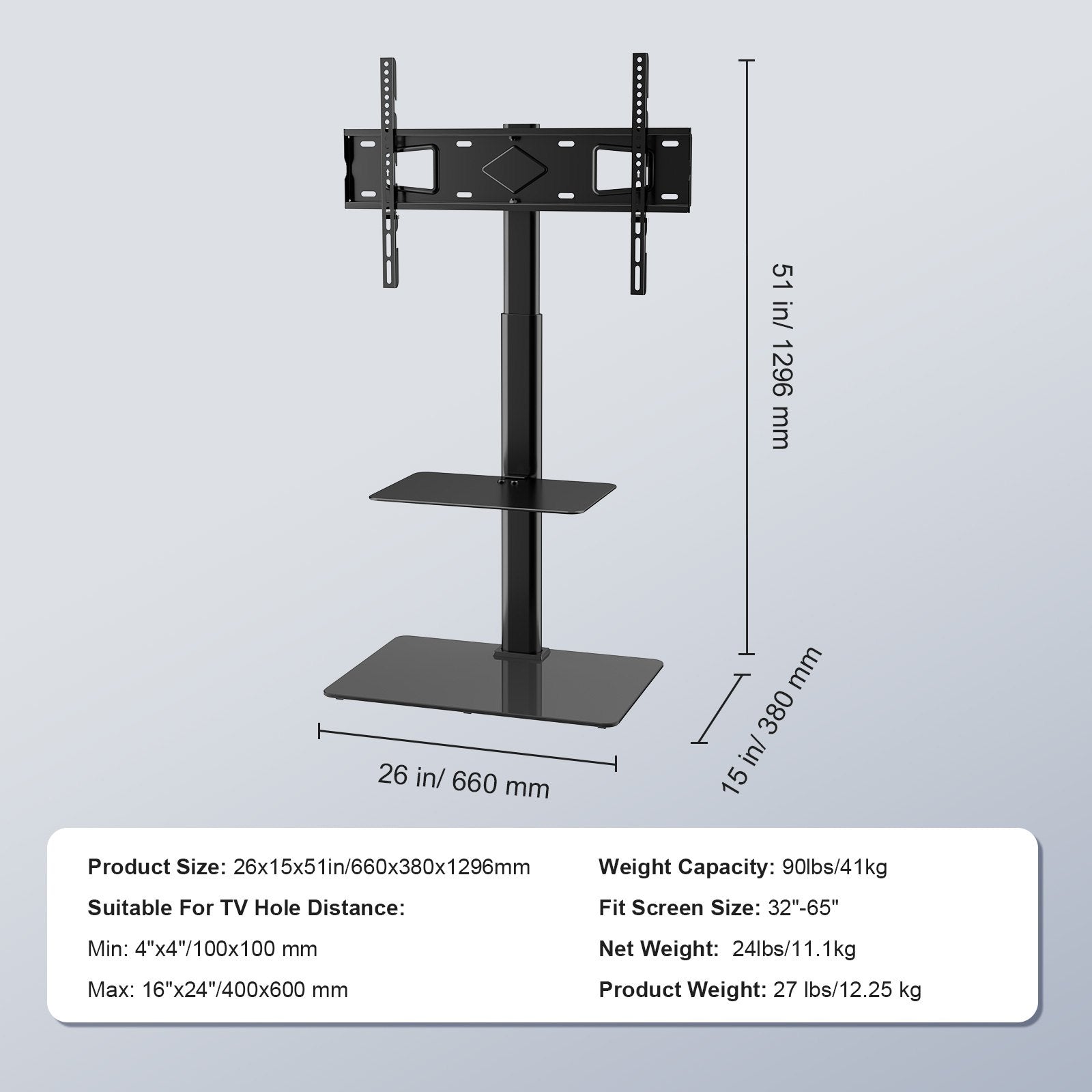 Tall TV Stand Swivel Height Adjustable Floor Stand 32-65 Inch with Glass Base