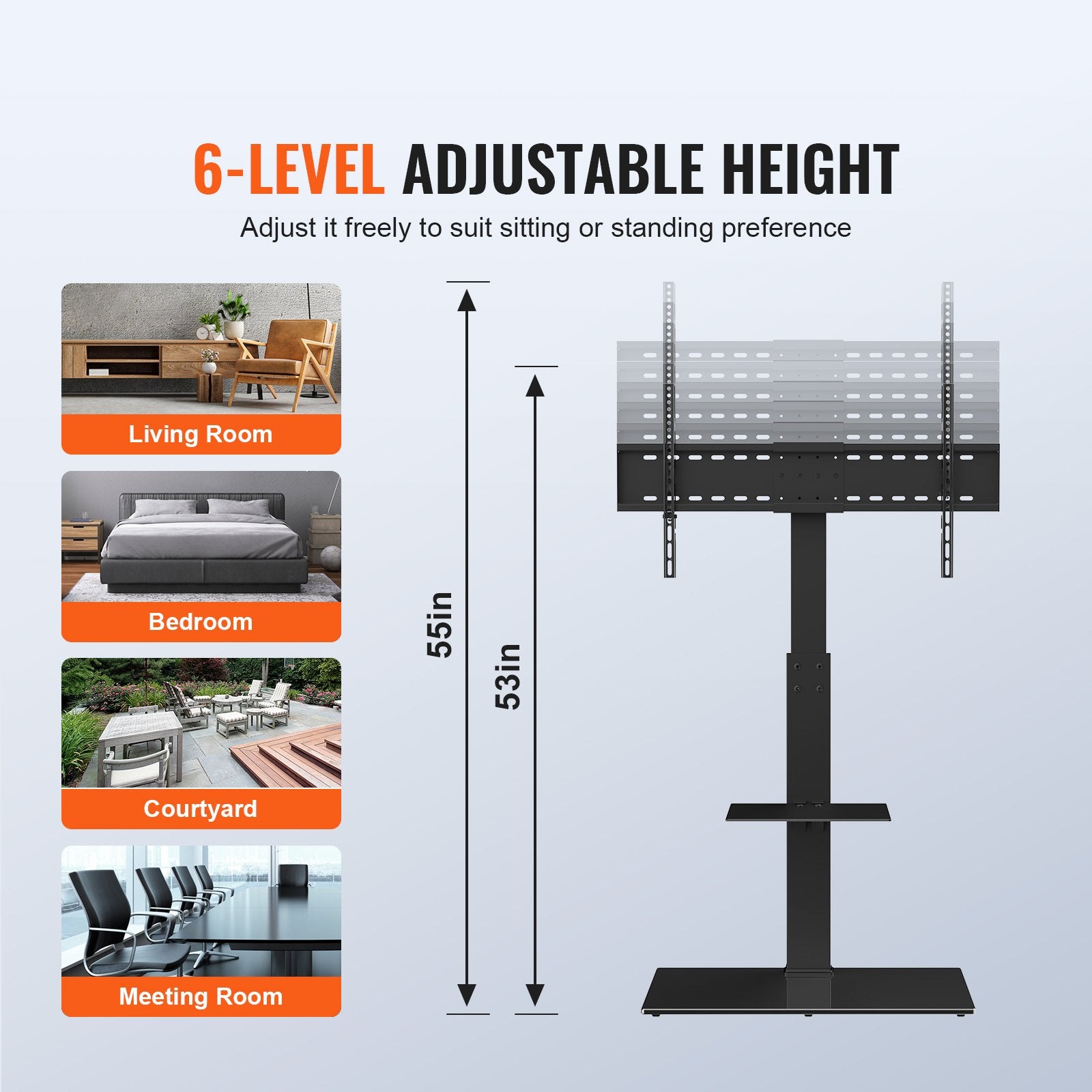 TV Stand Mount Swivel Tall 32-85in TVs Height Adjustable Floor Stand Glass Base
