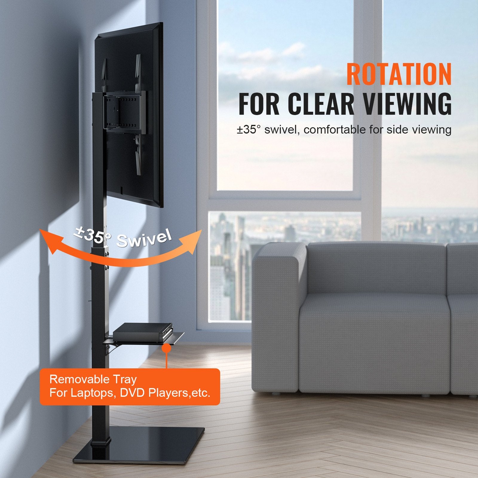 TV Stand Mount Swivel Tall 32-85in TVs Height Adjustable Floor Stand Glass Base