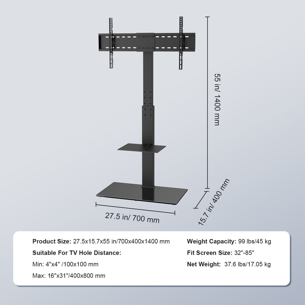 TV Stand Mount Swivel Tall 32-85in TVs Height Adjustable Floor Stand Glass Base