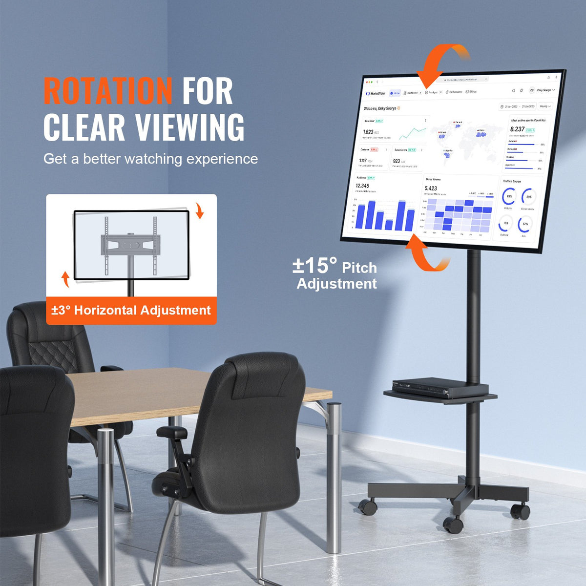 Mobile TV St& Cart for 23-60" TVs Height Adjustable Portable Rolling St& with