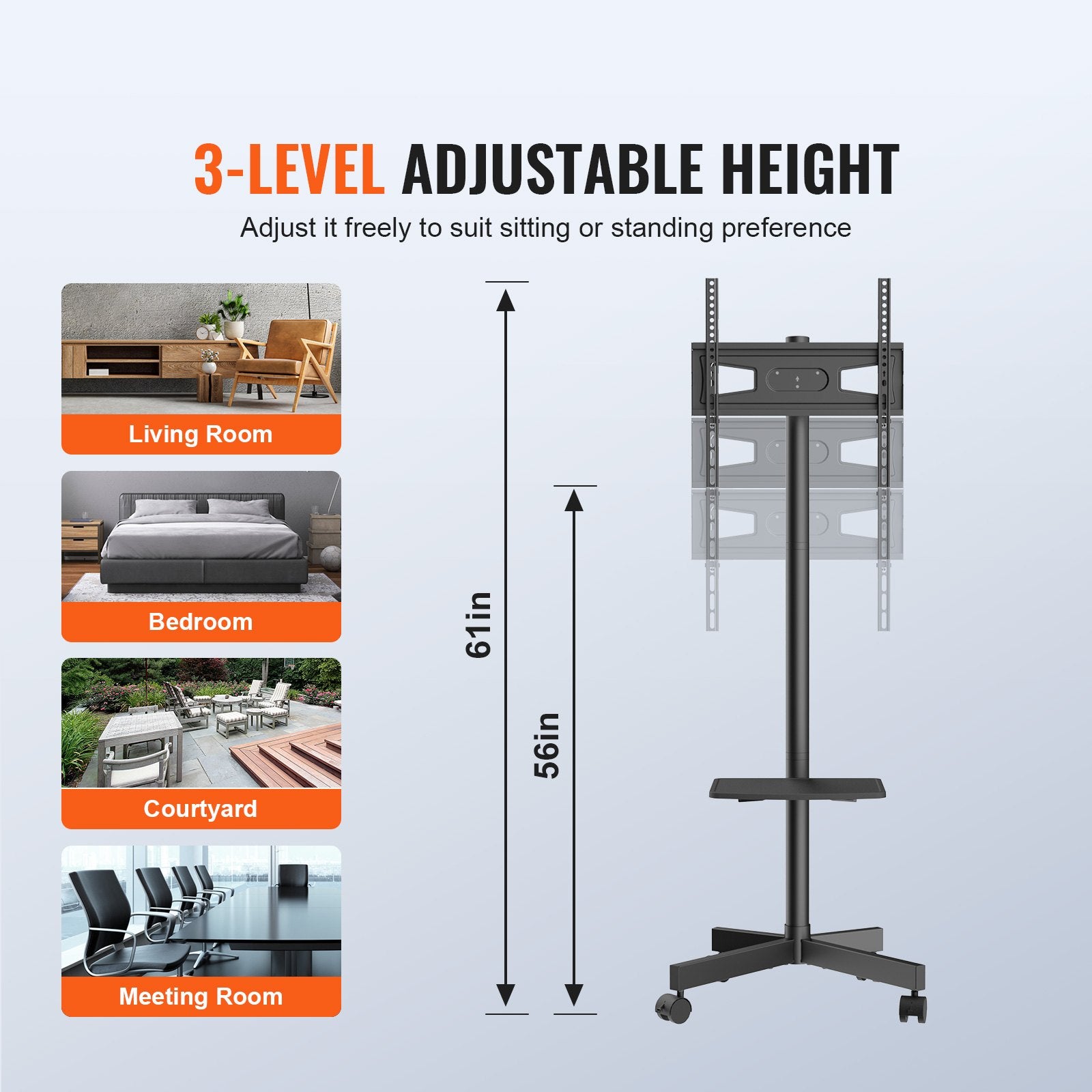 Mobile TV St& Cart for 23-60" TVs Height Adjustable Portable Rolling St& with